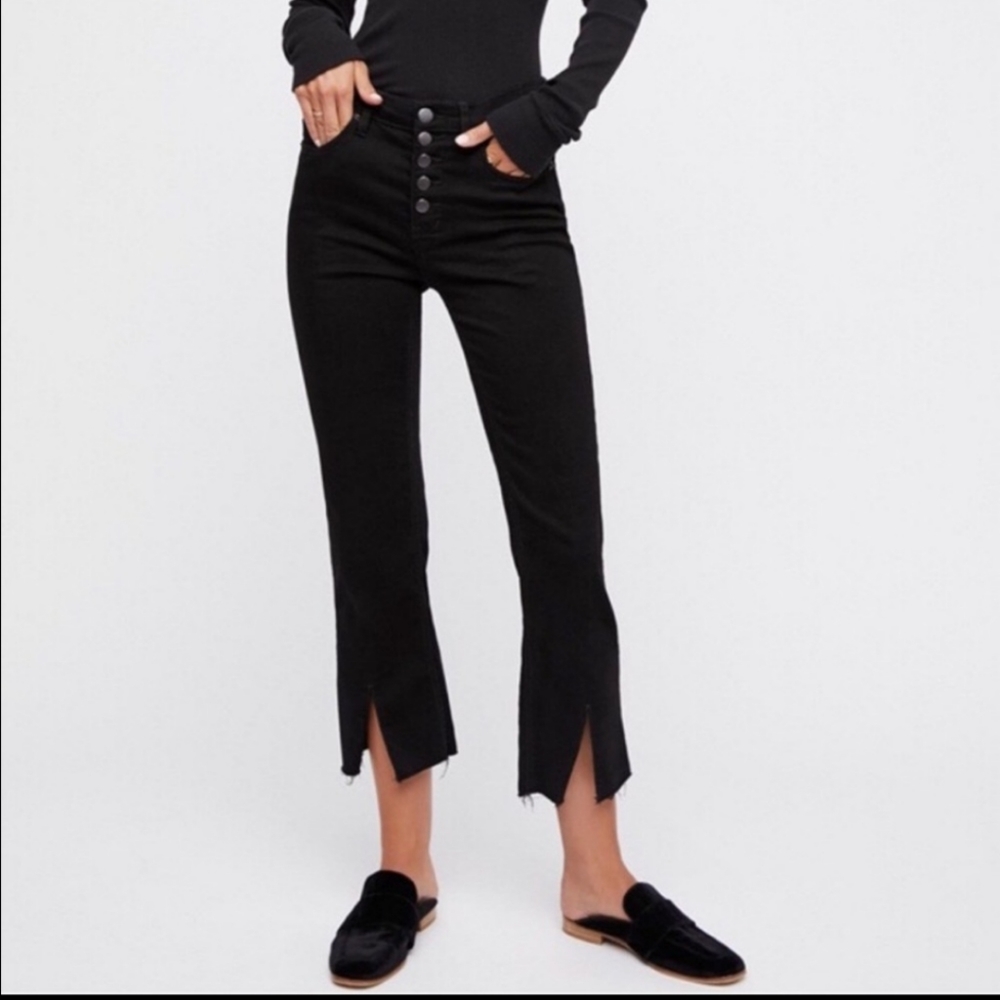 Free People Black Ankle Pants with Button Detail